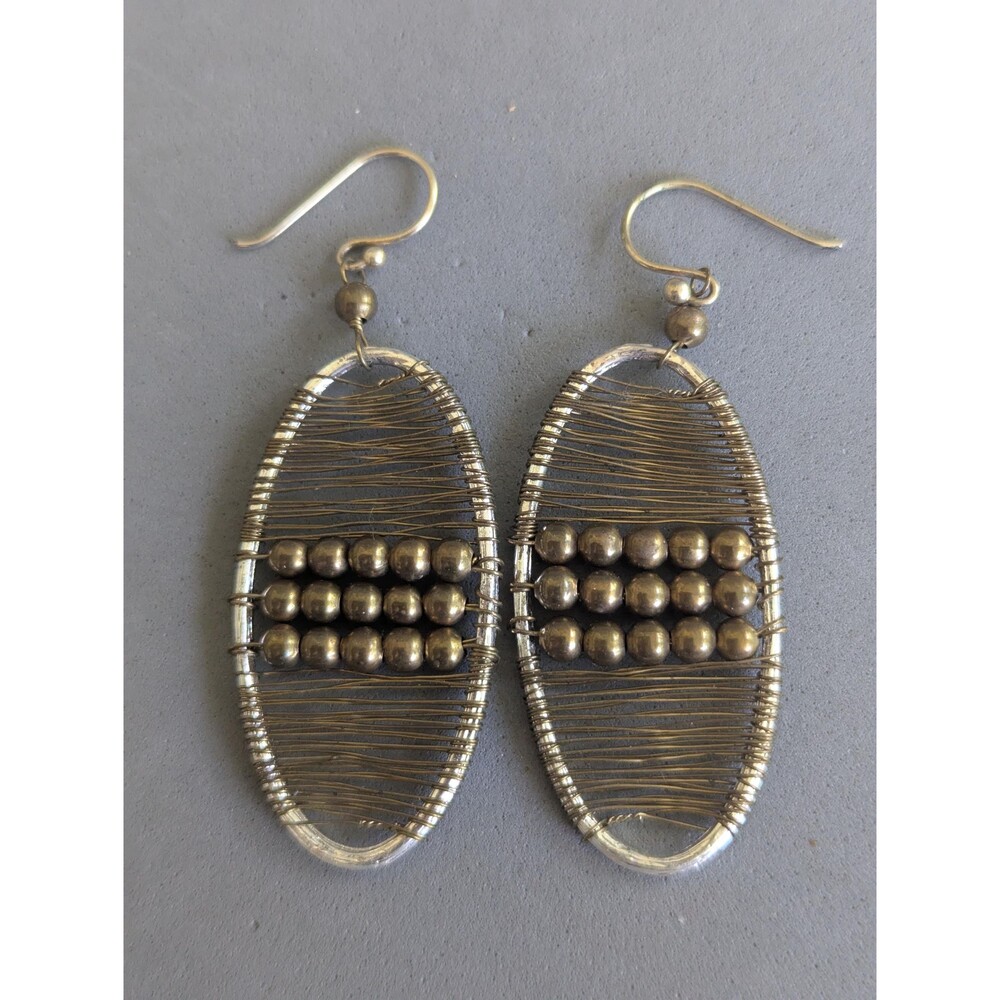 Artisan Wire Wrapped Oval Earrings Mixed Metal Beaded Dangle Boho Tribal Jewelry